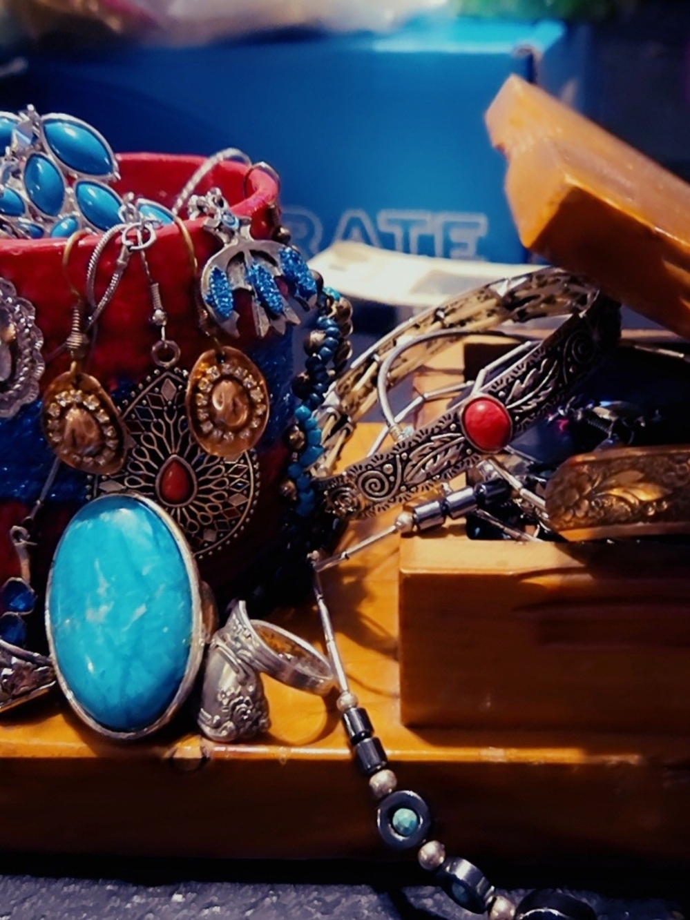 Red, Sliver and Turquoise Colored Jewelry Jar. 1 Pieces Of 925 Included.